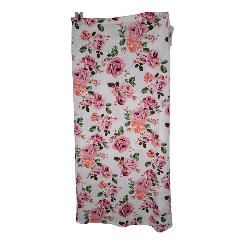 Rainbow Women's Ivory Pink White Floral Medium Maxi Stretch Skirt Spring Summer